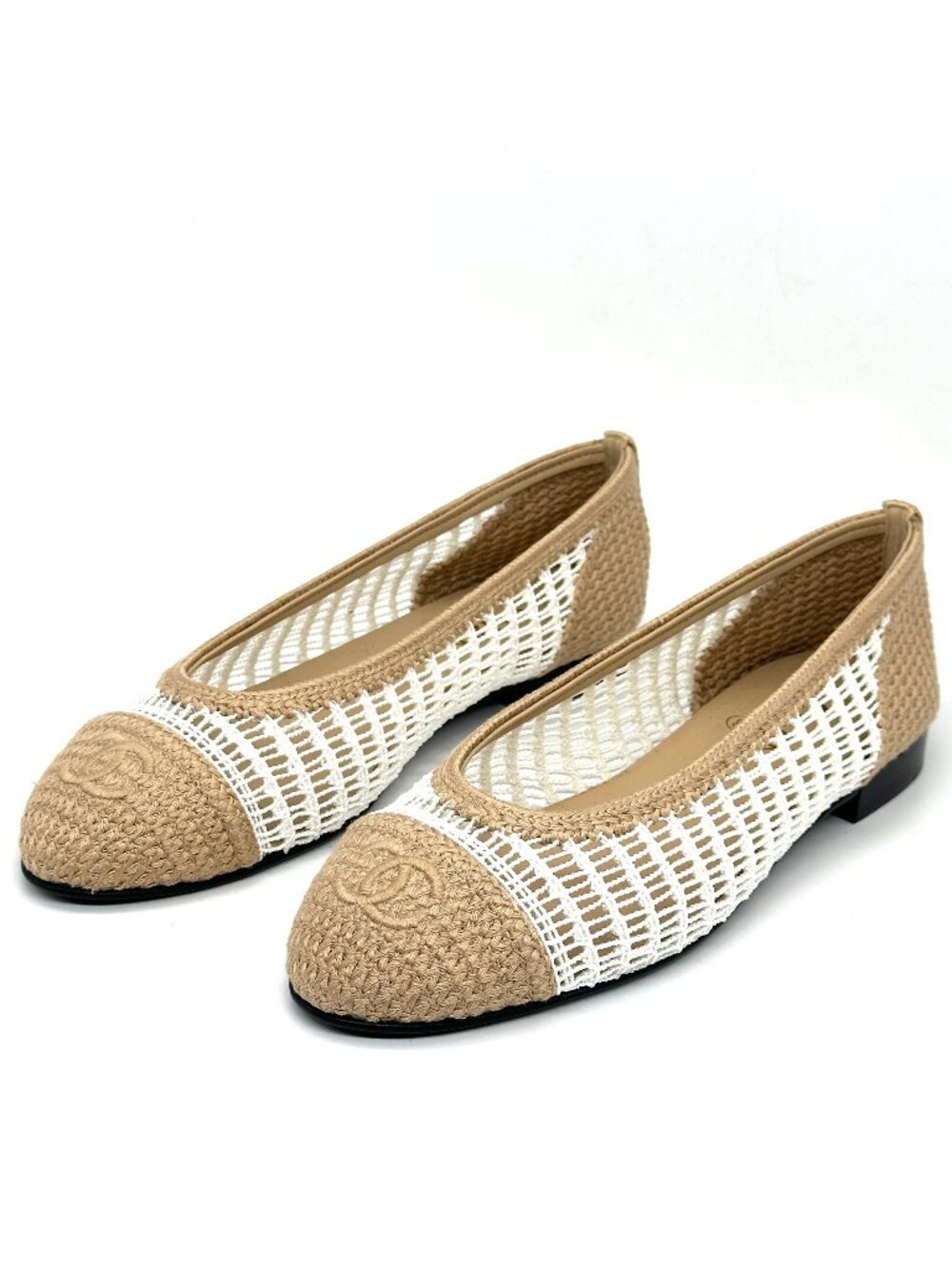 CHANEL REV CC Raffia Crochet Woven Two Tone Cap Toe Ballerina Ballet Flats - Picture 6 of 14